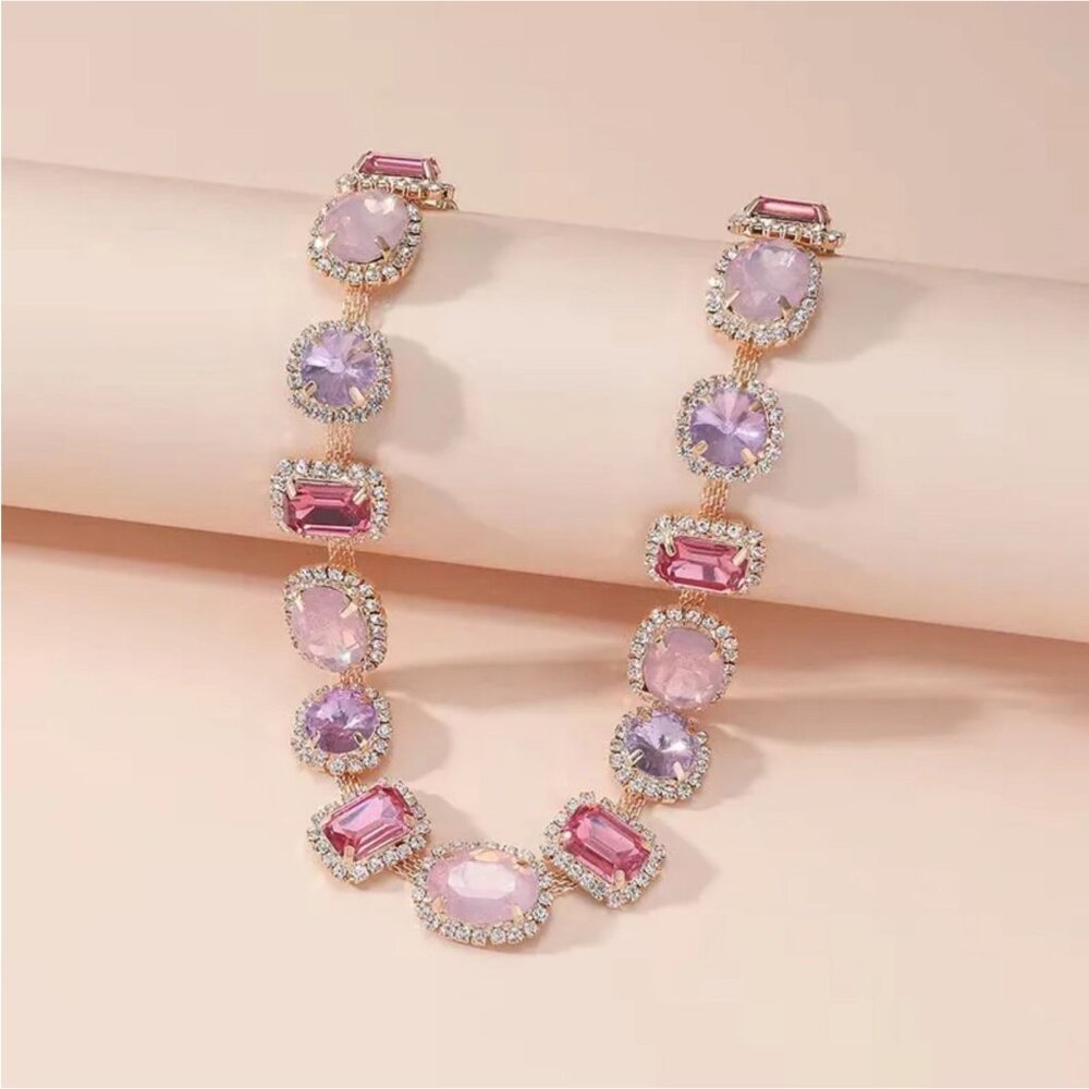 Pink Jewel Crystal & Rhinestone Statement Necklace Silver Tone - Picture 2 of 2